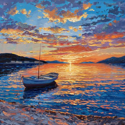 Barca sul fiume al tramonto Beautiful, Dalmazia, Croazia Olio su tela, vendita Wall Decor da F. Abderrahim