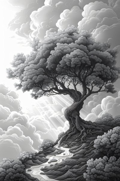 Maestosa formazione rocciosa, portale naturale, tempesta e albero drammatico, decorazione da parete con cornice, da F. Abderrahim