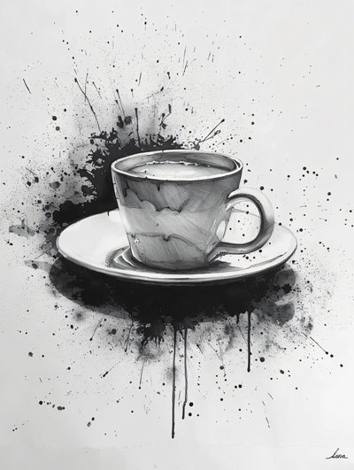 Scena noir minimalista a linea singola con macchie di caffè in evidenza, stampe d
