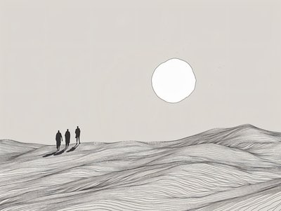 Schizzo minimalista, Uomini che camminano in una processione al sole del deserto, stampe d
