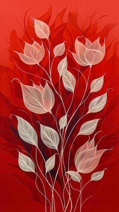 Piante e fiori disegnati in bianco su sfondo rosso, decorazioni murali e stampe su tela da F. Abderrahim