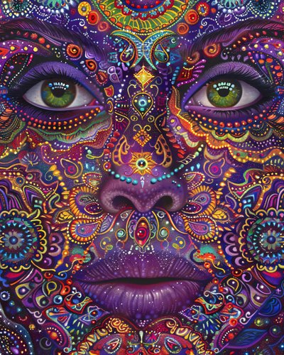 Donna psichedelica con volto colorato, motivi spirituali e mandala, stampe su tela da F. Abderrahim
