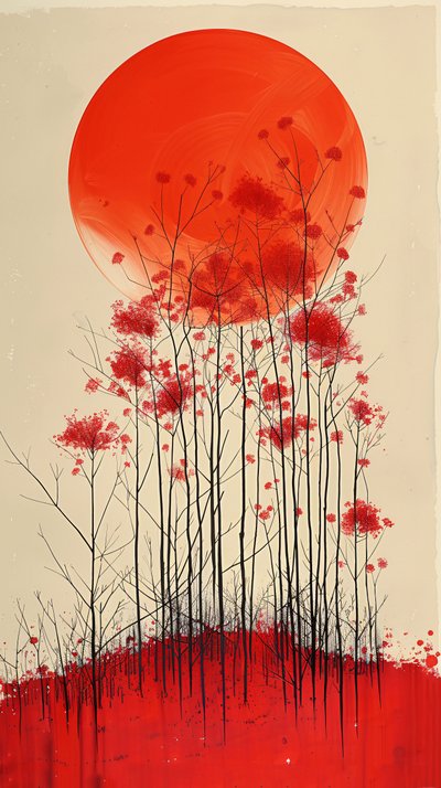 Tramonto su una collina di fiori rossi pittura, verticale muro Decor per la vendita da F. Abderrahim