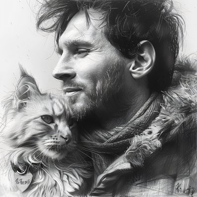 Gatto con calciatore Messi, decorazione murale moderna | stampa su richiesta da F. Abderrahim
