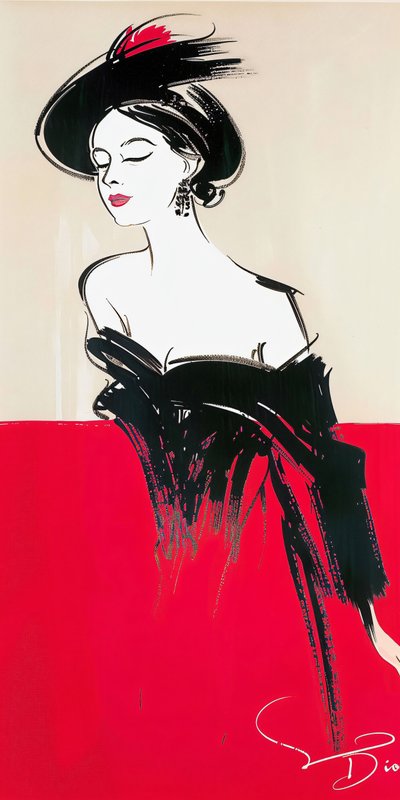 Donna in posa con il trucco, abito rosso e nero, ispirazione René Gruau, moda anni 
