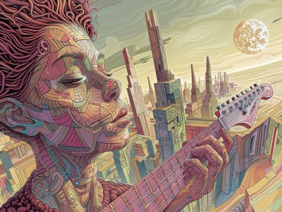 Giovane uomo che suona la musica in una scena surreale e futuristica, stampa decorativa da parete con cornice da F. Abderrahim