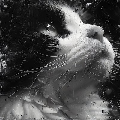 Schizzo minimalista in bianco e nero ingrandito di un volto di gatto, stampe d
