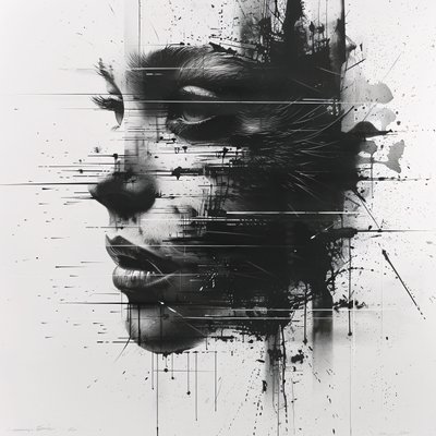 Ritratto ingrandito di uno schizzo del volto di una donna minimalista in bianco e nero da F. Abderrahim