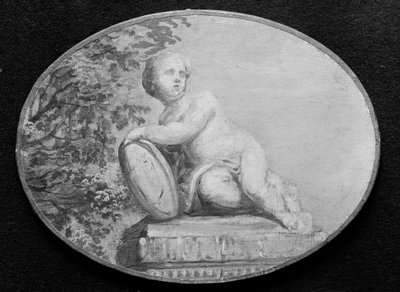 Putto su un piedistallo contro uno sfondo di verzura da 18th century . French Painter