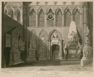 Veduta sud di Poets Corner, Westminster Abbey, Londra da A.C. and Villiers, H. Pugin