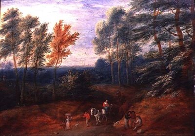 Un paesaggio boscoso con viaggiatori su un carro di fieno da A.F. and Bouts P. Boudewyns