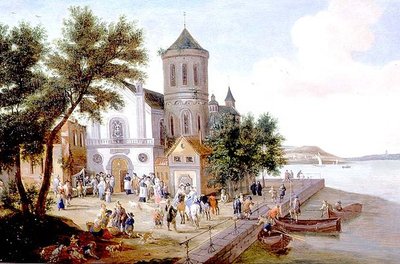 Paesaggio costiero con figure in una piazza della chiesa da A.F. and Bouts P. Boudewyns