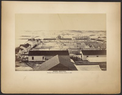 Ospedale Sickel, guardando verso il Fairfax Seminary, 5 gennaio 1864. da A.J. Russell