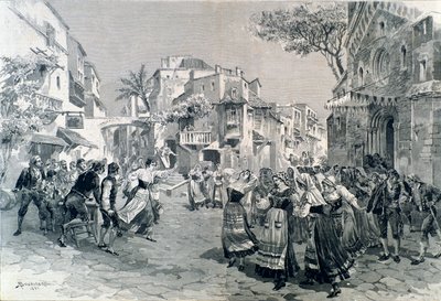 La scena finale di Cavalleria rusticana, opera di Mascagni, al teatro alla Scala nel 1891 da A. (after) Bonamore