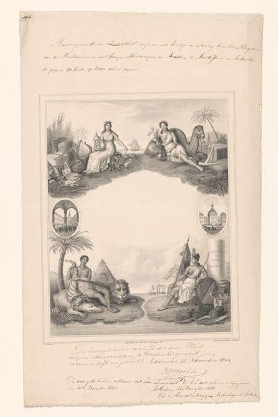 Progetto per una pagina del titolo con personificazioni dei quattro continenti da A. Bakker