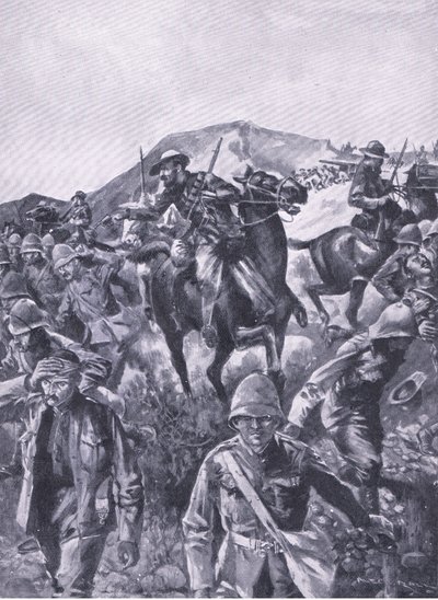 Prigionieri britannici interposti come schermo mentre i Boeri rimuovevano un cannone navale, da Dopo Pretoria: La guerra di guerriglia pubblicata da Harmsworth Bros Limited, 1901 da A. C. Ball