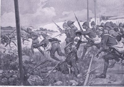 Carica dei fucilieri scozzesi a Frederikstad, illustrazione da After Pretoria: The Guerilla War, 1902 da A. C. Ball