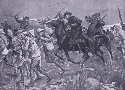 Il trattamento dei prigionieri di guerra britannici da parte di De Wet durante la marcia, illustrazione da After Pretoria: The Guerilla War, 1902 da A. C. Ball