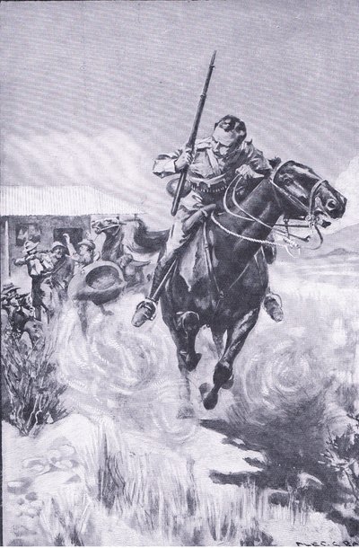 Fuga di uno scout, da After Pretoria: The Guerilla War pubblicato da Harmsworth Bros Limited da A. C. Ball