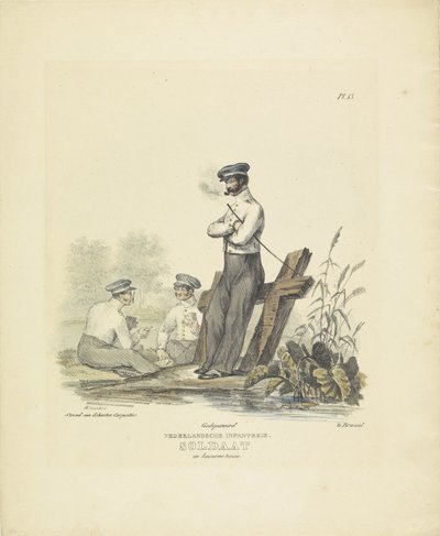 Soldato in uniforme di caserma, 1820-1825 (serie: Costumi militari del Regno dei Paesi Bassi) da A. Courtois