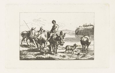 Paesaggio con pastorella su mulo e pastore con mucche da A. Dickhof (signed by artist)