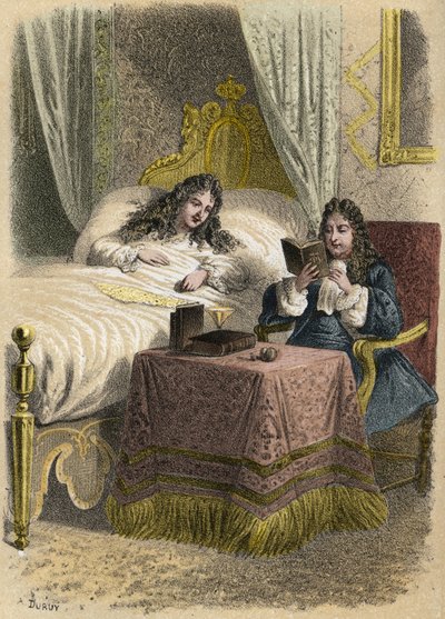 Luigi XIV re di Francia amava ascoltare Jean Racine leggere e lo chiamava quando era malato. Incisione di A. Duruy in 