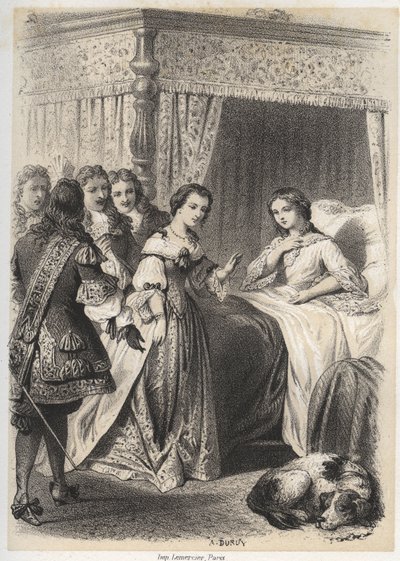 Madame Deshoulières, Antoinette Ligier de La Garde (1637-1694) sopraffatta dalle domande del suo entourage dopo una notte passata con la paura del fantasma. Incisione di A. Duruy in 