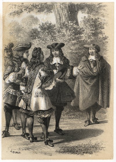 Incontro a Parigi tra Jean Racine (1639-1699) e Pierre Corneille (1606-1684). Incisione di A. Duruy in 