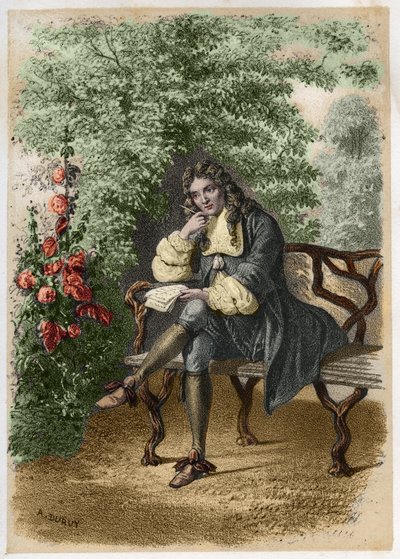 Ritratto di Nicolas Boileau (1636-1711) detto Boileau-Despréaux, scrittore francese nella sua casa di Auteuil. Incisione di A. Duruy in "Illustrations littéraires de la France; ou, Galerie anecdotique de nos principaux auteurs" da A. Duruy