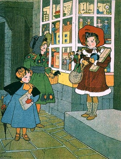 Una Visita al Negozio di Giocattoli, pagina da un libro illustrato per bambini da A. E. Moore