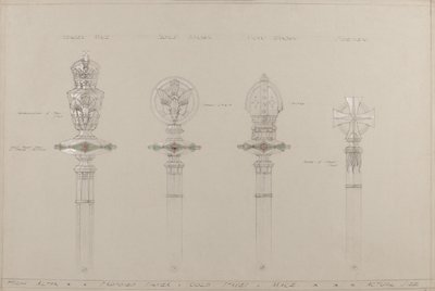 Altare maggiore: bastoni e mazze in oro e argento proposti, dimensioni reali da A. Edward Jones and Co.