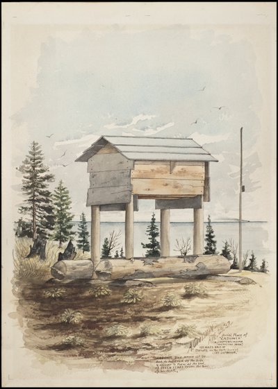 Disegni che raffigurano il luogo di sepoltura di "Cadunce" un "Medicine Man" Chippewa, un dipinto di sabbia Navajo e dipinti su pietra Crow da A. Grossman