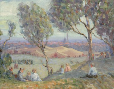 Vista da Arlington Heights, con tende Chautauqua e il Monumento a Washington, ca. 1922 da A. H. O. Rolle