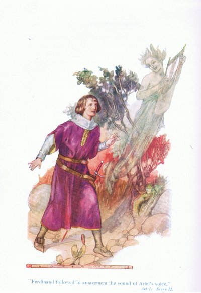 Ferdinando seguì stupito il suono della voce di Ariel (La Tempesta), da Racconti da Shakespeare pub. da Ward Lock & Co Ltd da A. Jackson