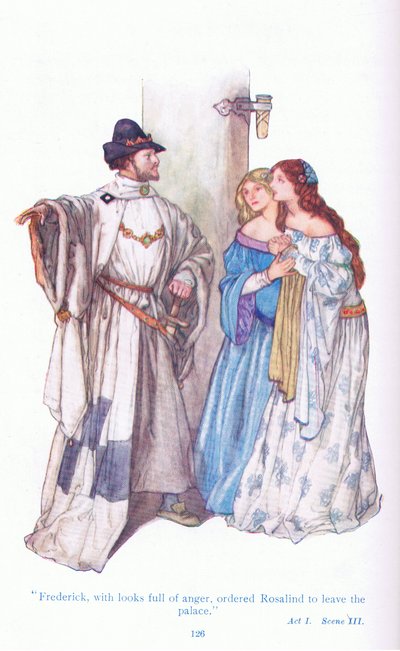 Federico con sguardo di rabbia ordinò a Rosalinda di lasciare il palazzo (Come vi piace), da Tales from Shakespeare pub. da Ward Lock & Co Ltd da A. Jackson