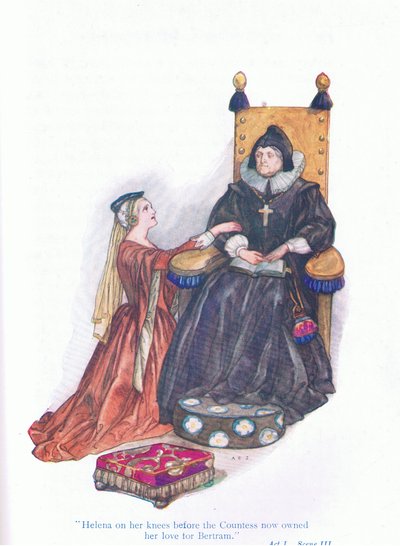 Elena in ginocchio davanti alla contessa ora confessava il suo amore per Bertram (Tutto è bene quel che finisce bene), da Tales from Shakespeare pub. da Ward Lock & Co Ltd da A. Jackson