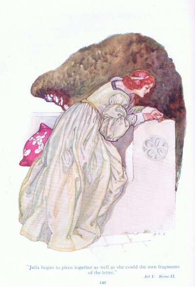 Giulia iniziò a ricomporre come poteva i frammenti strappati della lettera (I Due Gentiluomini di Verona), da Racconti da Shakespeare pub. da Ward Lock & Co Ltd da A. Jackson