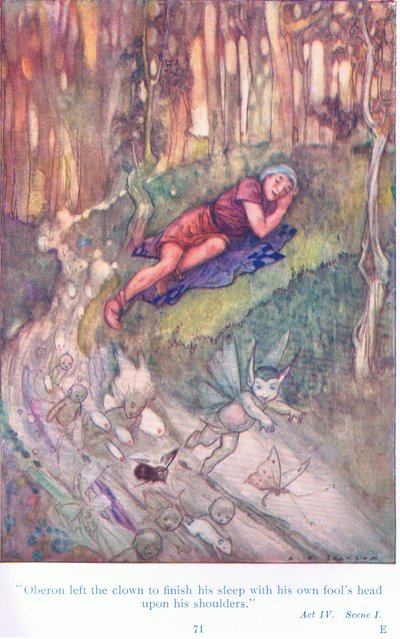 Oberon lasciò il clown a finire il suo sonno con la testa da buffone sulle spalle (Sogno di una notte di mezza estate), da Tales from Shakespeare pub. da Ward Lock & Co Ltd da A. Jackson