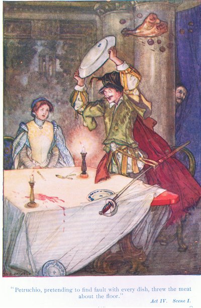 Petruccio, fingendo di trovare difetti in ogni piatto, gettò la carne sul pavimento (La bisbetica domata), da Tales from Shakespeare pub. da Ward Lock & Co Ltd da A. Jackson