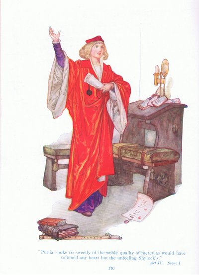 Portia parlò così dolcemente della nobile qualità della misericordia da ammorbidire qualsiasi cuore tranne quello insensibile di Shylock (Il mercante di Venezia), da Tales from Shakespeare pub. da Ward Lock & Co Ltd da A. Jackson