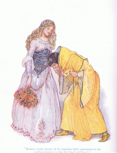 Romeo, sotto il favore del suo abito mascherato, osò in modo gentile prendere la sua mano e baciarla (Romeo e Giulietta), da Tales from Shakespeare pubblicato da Ward Lock & Co Ltd da A. Jackson
