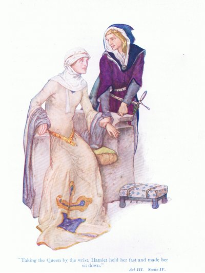 Prendendo la Regina per il polso, Amleto la tenne stretta e la fece sedere (Amleto), da Tales from Shakespeare pub. da Ward Lock & Co Ltd, 1930-40s da A. Jackson
