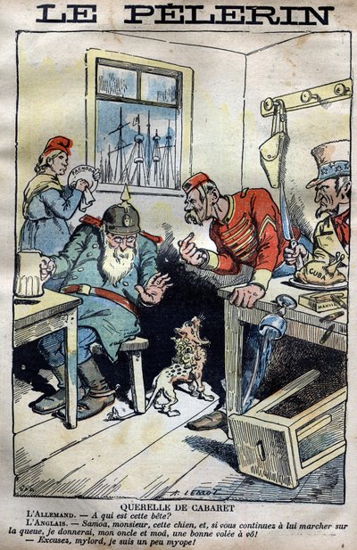 Cabaret Querelle: Caricatura sulle guerre coloniali tra Inghilterra, Germania, Francia e Stati Uniti riguardo alla situazione di Fachoda in Africa. Incisione di Lemot in "le Pelerin" del 23 aprile 1899 (La crisi di Fachoda: grave incidente diplomatico tra da A Lemot