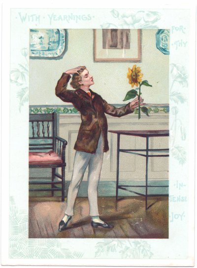 Il contemplatore di fiori Cartolina Vittoriana di un estetico che adora un girasole in estasi, c.1881 da A. Ludovici