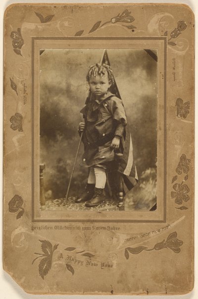 [Bambino che tiene in mano una bandiera americana, in piedi su una sedia]. da A. Rinin