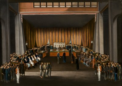 Corte di giustizia cinese nella sala della fabbrica britannica a Canton, 9 aprile 1807, c.1810 da A. Roland Knight