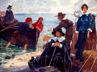 Un gruppo di esiliati ormeggia la loro barca sulla selvaggia costa del New England, 1620, 1905 da A. S. Forrest