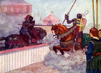 Il Conte cavalcò ancora e ancora verso Edoardo finché la sua lancia non si spezzò nella sua mano, c. 1270, 1905 da A. S. Forrest