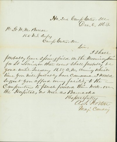 Lettera firmata A.S. Norton, Maggiore Comandante, Quartier Generale, Camp Yates, Ill., al 1° Tenente W.M. Breese, 16° Fanteria U.S., Camp Gates, Ill., 6 dicembre 1863 da A. S. Norton