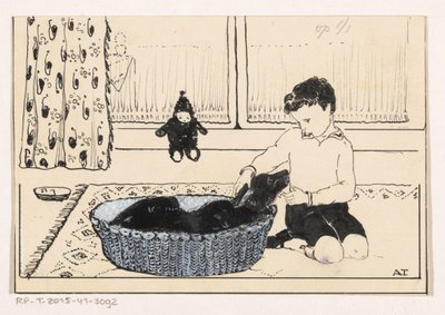 Ragazzo accarezza un cane da A. Tinbergen (signed by artist)